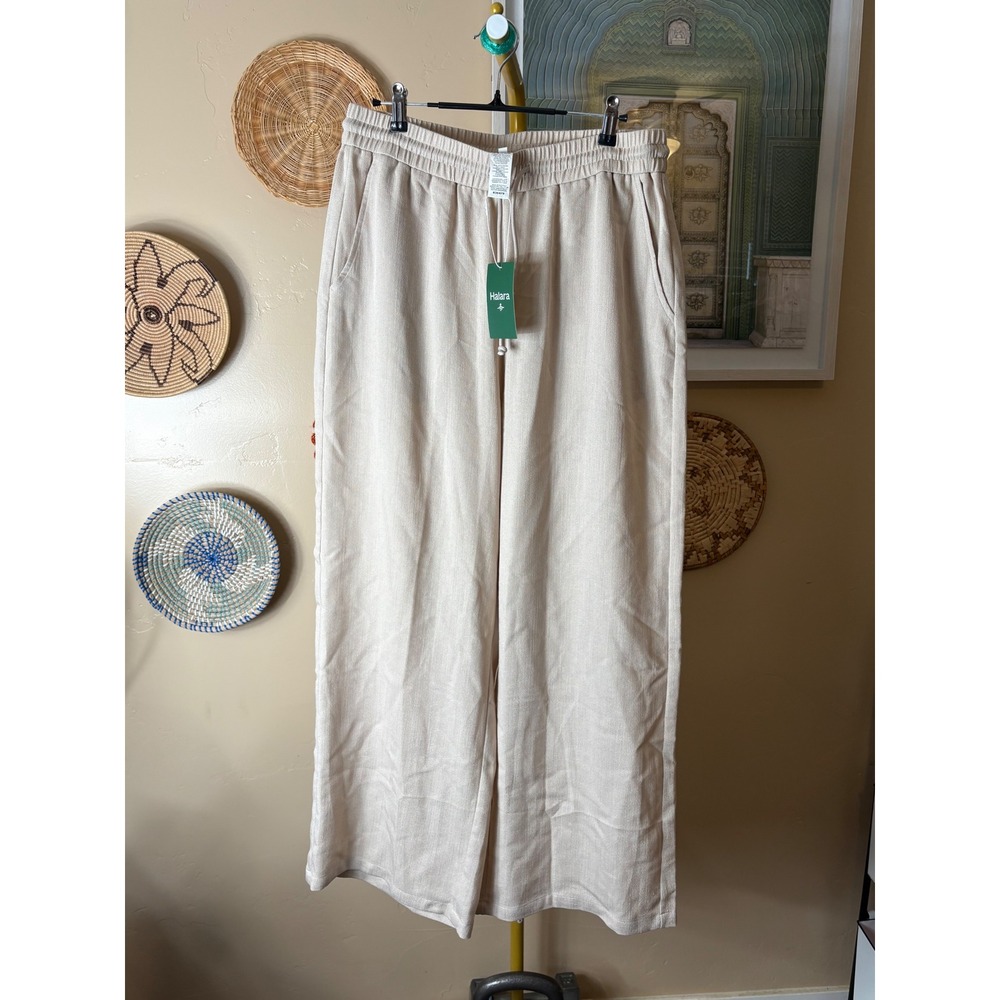 Halara Wide Leg Drawstring Pants Oatmeal Beige Viscose Blend Large L 02800205